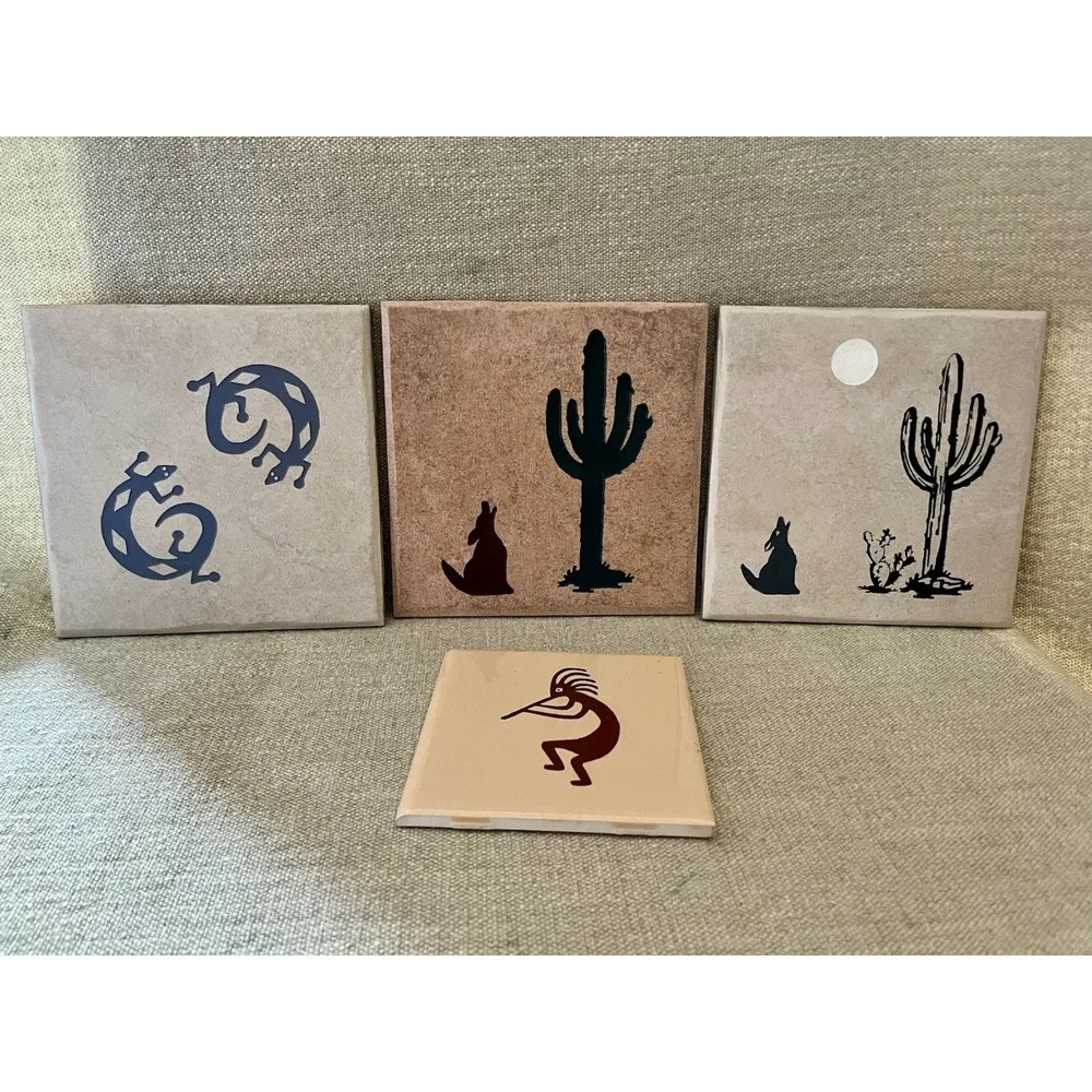 Southwest Tile Coasters Kokopelli Gecko Prickly Pear Saguaro Cactus Coyote 4 Pcs